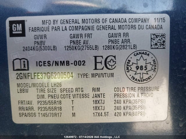 2GNFLFE37G6200504 Chevrolet EQUINOX 1LT