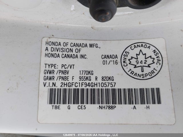 Honda Civic Touring 2016 2HGFC1F94GH105757 Image 9