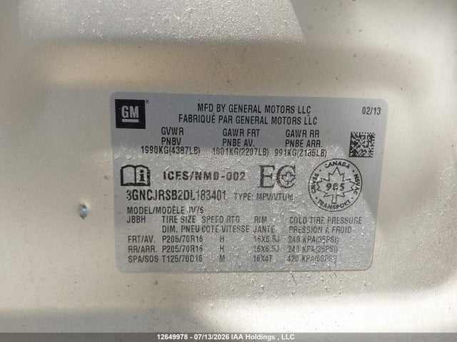 Aukcja sprzedaży 2013 Chevrolet Trax 2lt, vin: 3GNCJRSB2DL183401, numer aukcji: 12649978