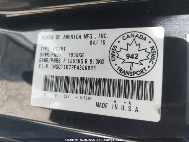 Honda ACCORD EX 2015 1HGCT1B79FA800806 Image 17