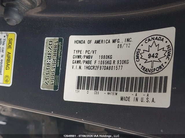 Aukcja sprzedaży 2013 Honda Accord Touring, vin: 1HGCR2F97DA801577, numer aukcji: 12649981