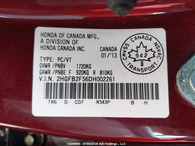 2013 Honda Civic Ex მანქანა იყიდება აუქციონზე, vin: 2HGFB2F56DH002261, აუქციონის ნომერი: 12649990