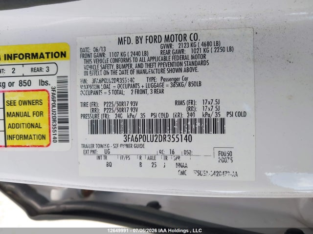 12649991 :رقم المزاد ، 3FA6P0LU2DR355140 vin ، 2013 Ford Fusion Hybrid Se مزاد بيع