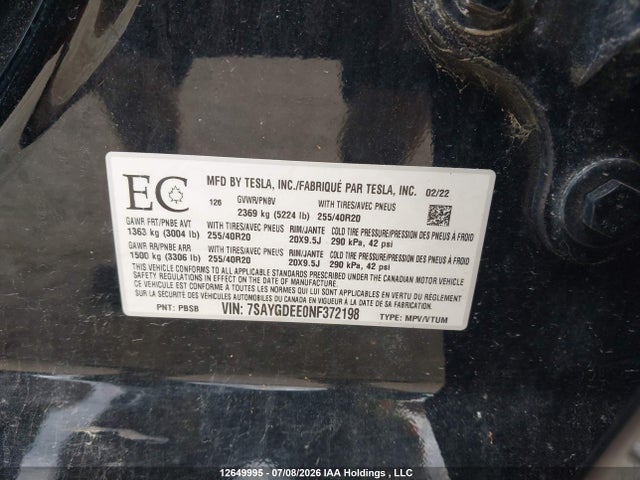 Tesla Model Y 2022 7SAYGDEE0NF372198 Image 9