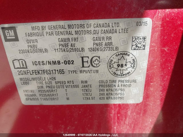 Aukcja sprzedaży 2015 Chevrolet Equinox Lt, vin: 2GNFLFEK7F6317165, numer aukcji: 12649999