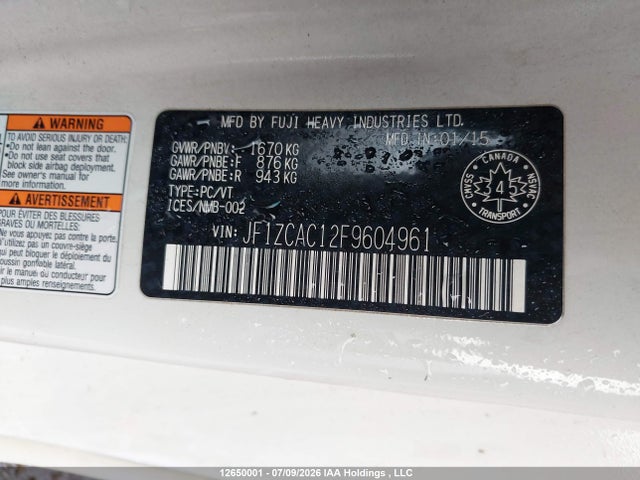 12650001 :رقم المزاد ، JF1ZCAC12F9604961 vin ، 2015 Subaru Brz مزاد بيع