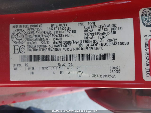 Продажа на аукционе авто 2013 Ford Fiesta Se, vin: 3FADP4BJ5DM216638, номер лота: 12650014