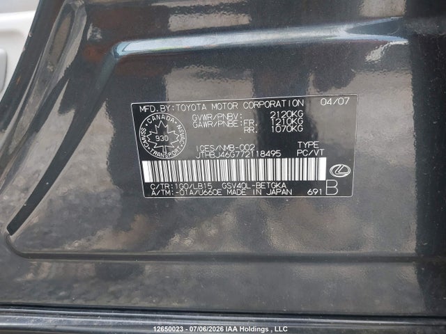 Aukcja sprzedaży 2007 Lexus Es 350 350, vin: JTHBJ46G772118495, numer aukcji: 12650023