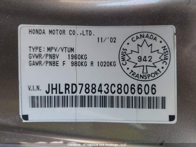 2003 Honda Cr-v Ex მანქანა იყიდება აუქციონზე, vin: JHLRD78843C806606, აუქციონის ნომერი: 12650028