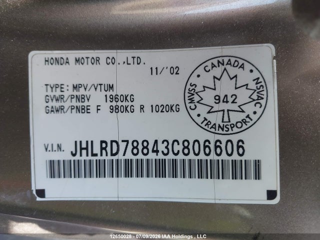 2003 Honda Cr-v Ex მანქანა იყიდება აუქციონზე, vin: JHLRD78843C806606, აუქციონის ნომერი: 12650028
