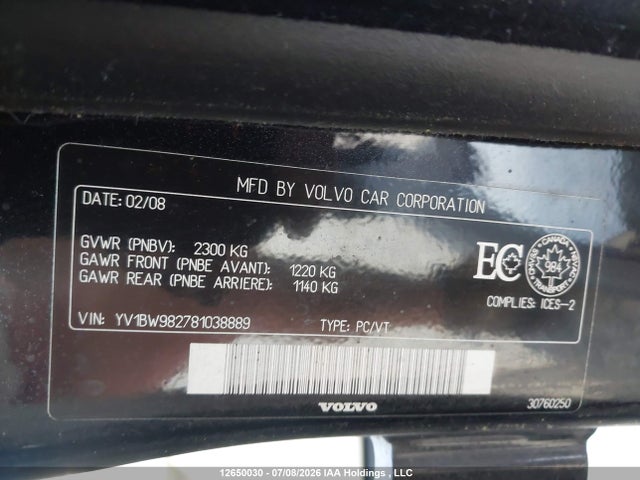 12650030 :رقم المزاد ، YV1BW982781038889 vin ، 2008 Volvo V70 3.2 مزاد بيع