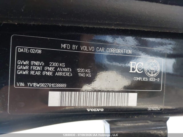 12650030 :رقم المزاد ، YV1BW982781038889 vin ، 2008 Volvo V70 3.2 مزاد بيع