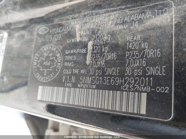 12650034 :رقم المزاد ، 5NMSG13E69H292011 vin ، 2009 Hyundai Santa Fe Gl/gls مزاد بيع