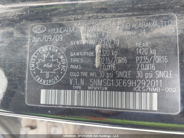 12650034 :رقم المزاد ، 5NMSG13E69H292011 vin ، 2009 Hyundai Santa Fe Gl/gls مزاد بيع