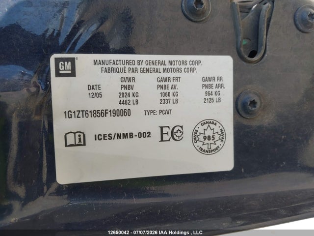 12650042 :رقم المزاد ، 1G1ZT61856F190060 vin ، 2006 Chevrolet Malibu Maxx Lt مزاد بيع