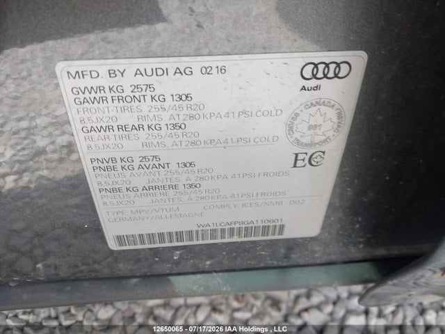 Aukcja sprzedaży 2016 Audi Sq5, vin: WA1LCAFP8GA110601, numer aukcji: 12650065