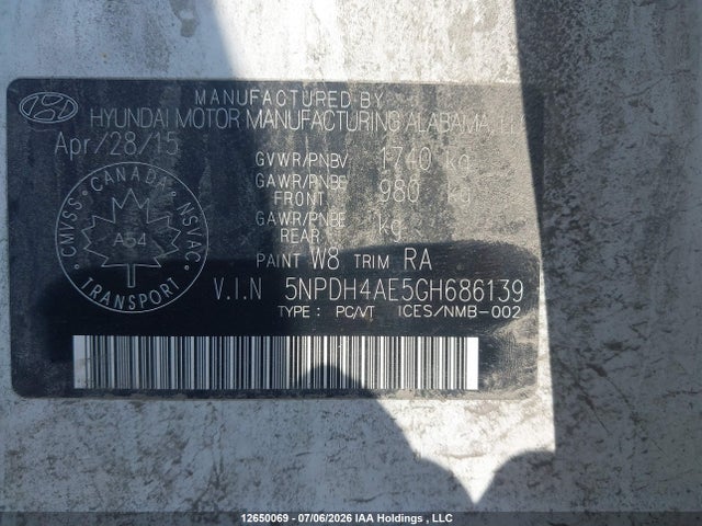 5NPDH4AE5GH686139 Hyundai Elantra L