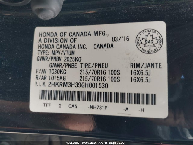12650080 :رقم المزاد ، 2HKRM3H39GH001530 vin ، 2016 Honda Cr-v Lx مزاد بيع