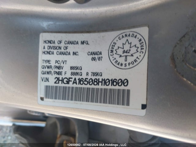 Aukcja sprzedaży 2008 Honda Civic Lx, vin: 2HGFA16508H101600, numer aukcji: 12650082