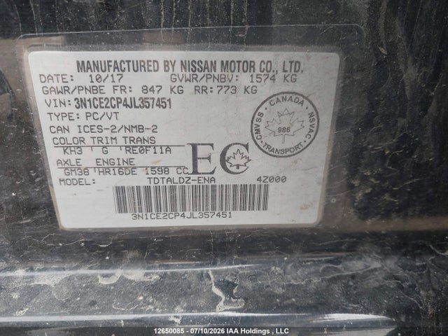 Продажа на аукционе авто 2018 Nissan Versa Note 1.6 S/1.6 Sr/1.6 Sv, vin: 3N1CE2CP4JL357451, номер лота: 12650085