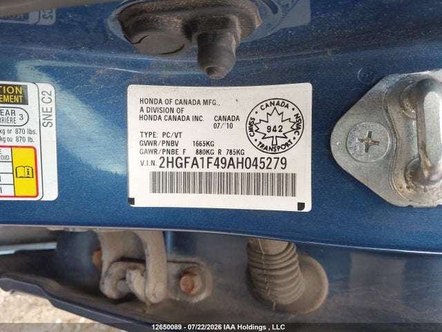2010 Honda Civic მანქანა იყიდება აუქციონზე, vin: 2HGFA1F49AH045279, აუქციონის ნომერი: 12650089
