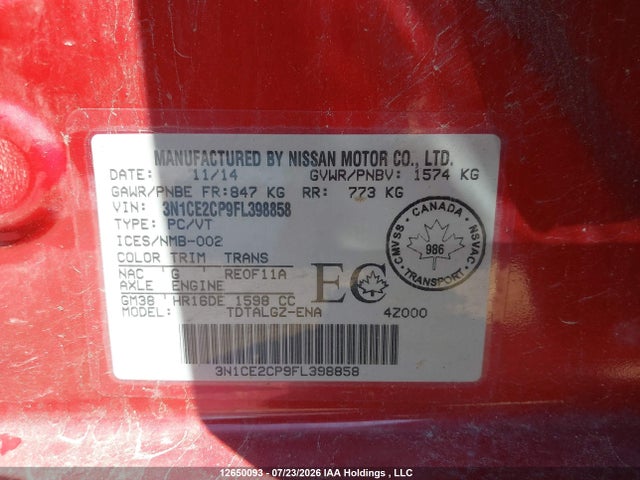 Nissan Versa 2015 3N1CE2CP9FL398858 Image 9
