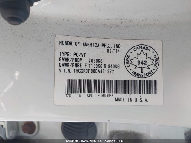 1HGCR3F98EA801322 Honda Accord Touring V6