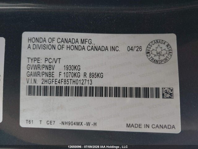 2HGFE4F85TH012713 Honda Civic Sport Hybrid/sport Touring Hybrid
