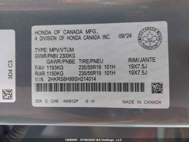 2025 Honda Cr-v Hybrid მანქანა იყიდება აუქციონზე, vin: 2HKRS6H99SH214014, აუქციონის ნომერი: 12650097