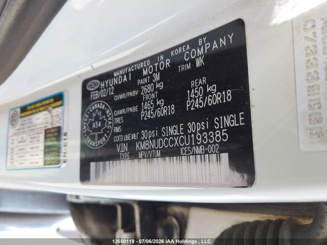 12650119 :رقم المزاد ، KM8NUDCCXCU193385 vin ، 2012 Hyundai Veracruz Limited مزاد بيع