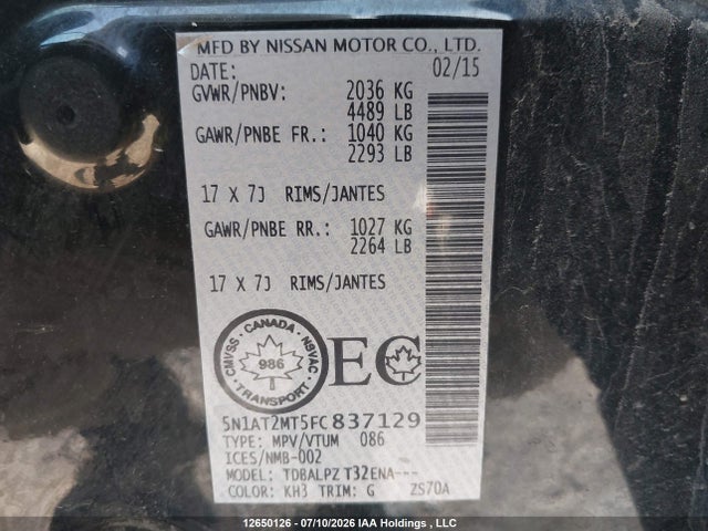 Nissan ROGUE S/SV 2015 5N1AT2MT5FC837129 Image 19