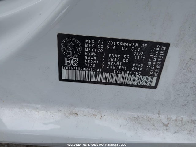 Продаж на аукціоні авто 2021 Volkswagen Jetta Highline, vin: 3VWE57BU5MM052160, номер лоту: 12650129