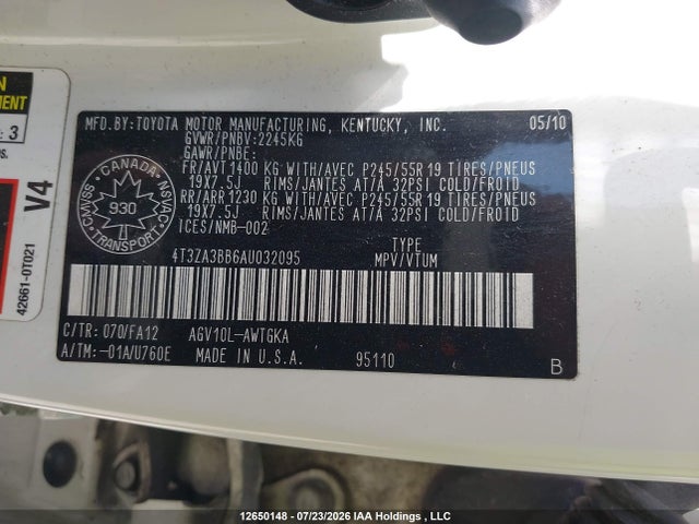 2010 Toyota Venza მანქანა იყიდება აუქციონზე, vin: 4T3ZA3BB6AU032095, აუქციონის ნომერი: 12650148