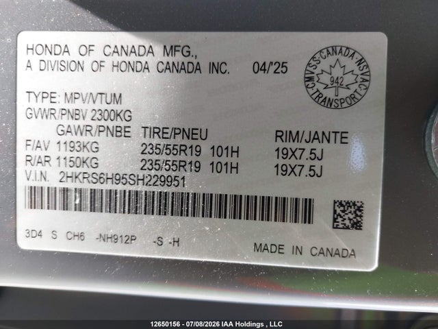 Продажа на аукционе авто 2025 Honda Cr-v Touring Hybrid, vin: 2HKRS6H95SH229951, номер лота: 12650156