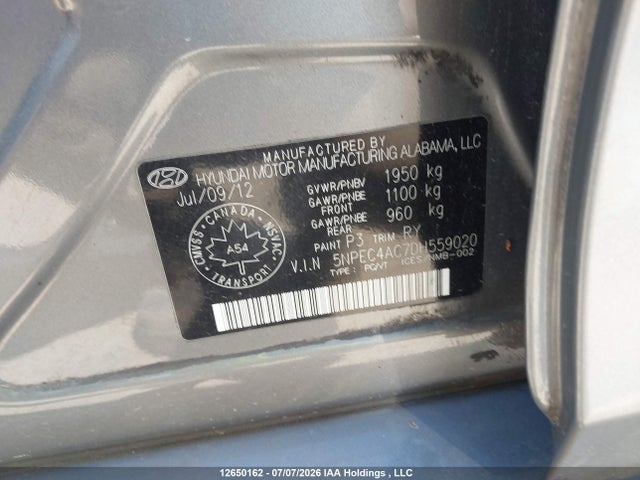 12650162 :رقم المزاد ، 5NPEC4AC7DH559020 vin ، 2013 Hyundai Sonata مزاد بيع