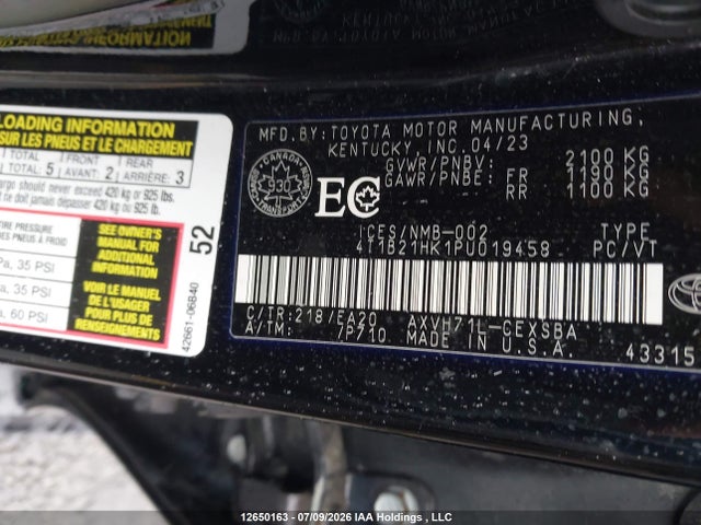 2023 Toyota Camry Xle/se მანქანა იყიდება აუქციონზე, vin: 4T1B21HK1PU019458, აუქციონის ნომერი: 12650163