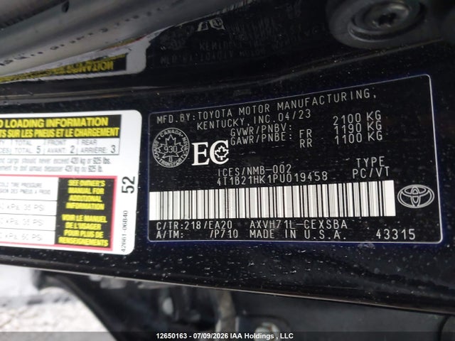 2023 Toyota Camry Xle/se მანქანა იყიდება აუქციონზე, vin: 4T1B21HK1PU019458, აუქციონის ნომერი: 12650163
