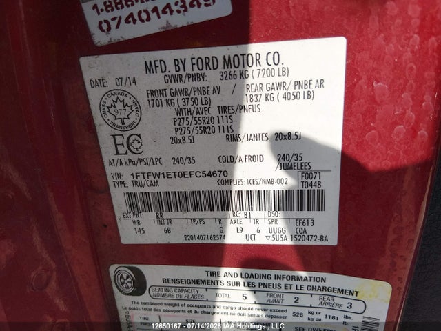 Продажа на аукционе авто 2014 Ford F-150 Fx4/king Ranch/lariat/limited/platinum/xlt, vin: 1FTFW1ET0EFC54670, номер лота: 12650167
