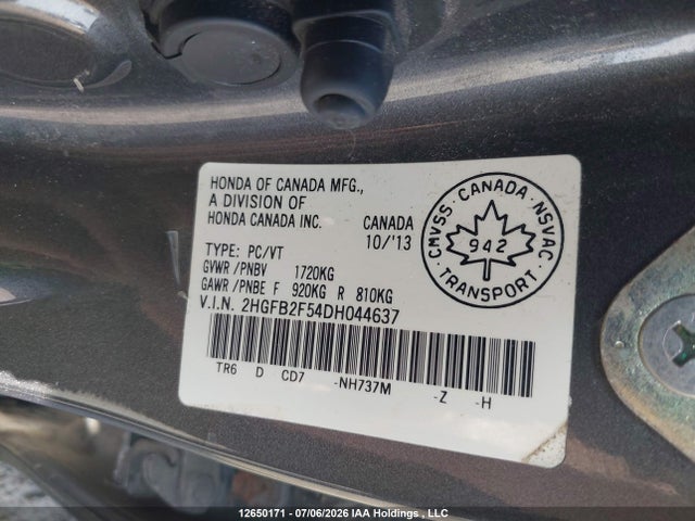 Продаж на аукціоні авто 2013 Honda Civic Lx, vin: 2HGFB2F54DH044637, номер лоту: 12650171