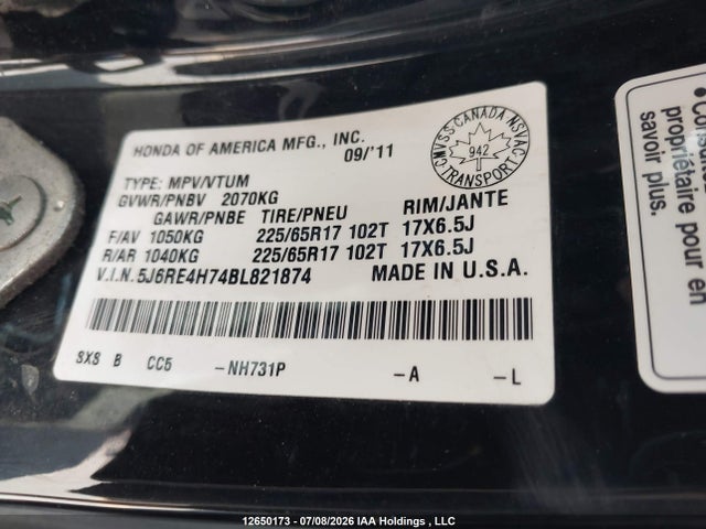 12650173 :رقم المزاد ، 5J6RE4H74BL821874 vin ، 2011 Honda Cr-v Exl مزاد بيع