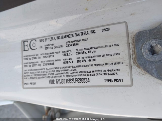 12650185 :رقم المزاد ، 5YJ3E1EB3LF626534 vin ، 2020 Tesla Model 3 مزاد بيع