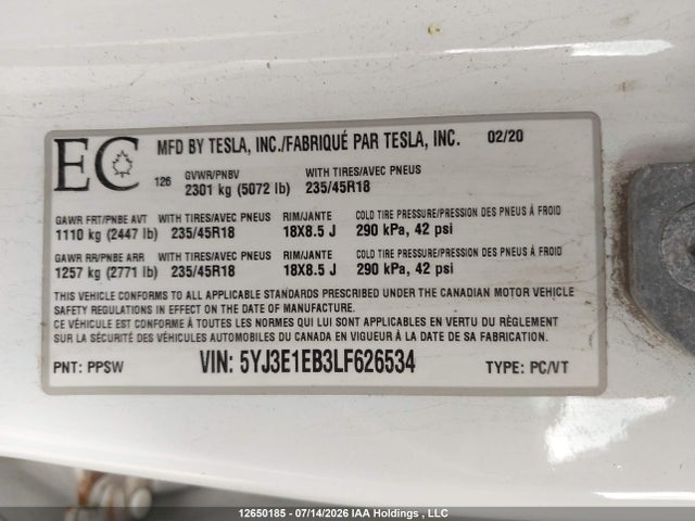 12650185 :رقم المزاد ، 5YJ3E1EB3LF626534 vin ، 2020 Tesla Model 3 مزاد بيع