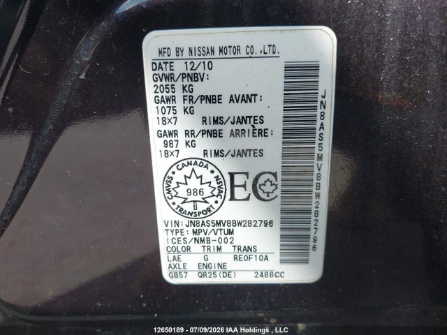 12650189 :رقم المزاد ، JN8AS5MV8BW282796 vin ، 2011 Nissan Rogue مزاد بيع