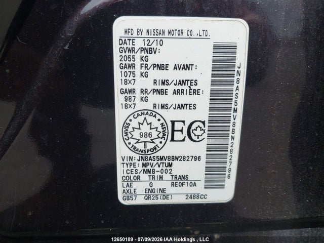 12650189 :رقم المزاد ، JN8AS5MV8BW282796 vin ، 2011 Nissan Rogue مزاد بيع