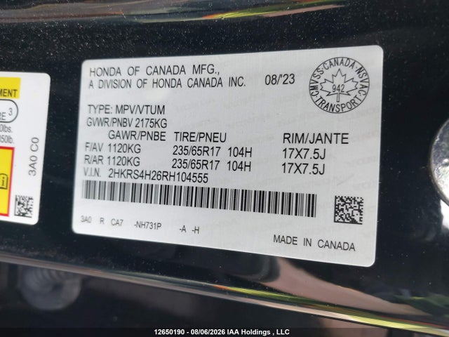 Aukcja sprzedaży 2024 Honda Cr-v Lx-b, vin: 2HKRS4H26RH104555, numer aukcji: 12650190