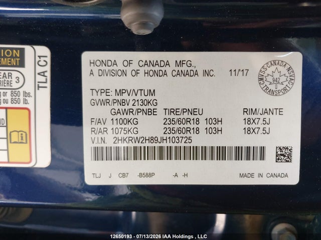 2HKRW2H89JH103725 Honda Cr-v Ex-l