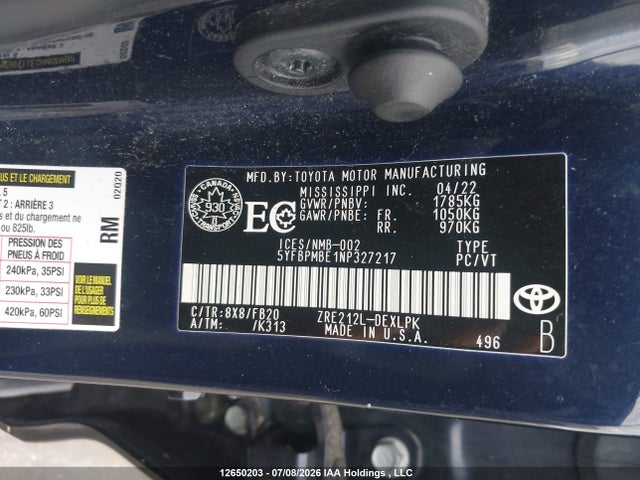 2022 Toyota Corolla მანქანა იყიდება აუქციონზე, vin: 5YFBPMBE1NP327217, აუქციონის ნომერი: 12650203