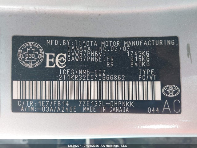 Продаж на аукціоні авто 2007 Toyota Matrix, vin: 2T1KR32E57C666862, номер лоту: 12650207