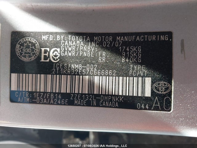 Продаж на аукціоні авто 2007 Toyota Matrix, vin: 2T1KR32E57C666862, номер лоту: 12650207