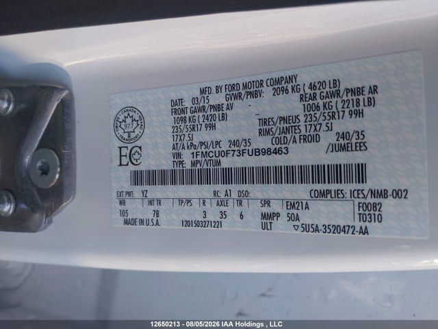12650213 :رقم المزاد ، 1FMCU0F73FUB98463 vin ، 2015 Ford Escape S مزاد بيع